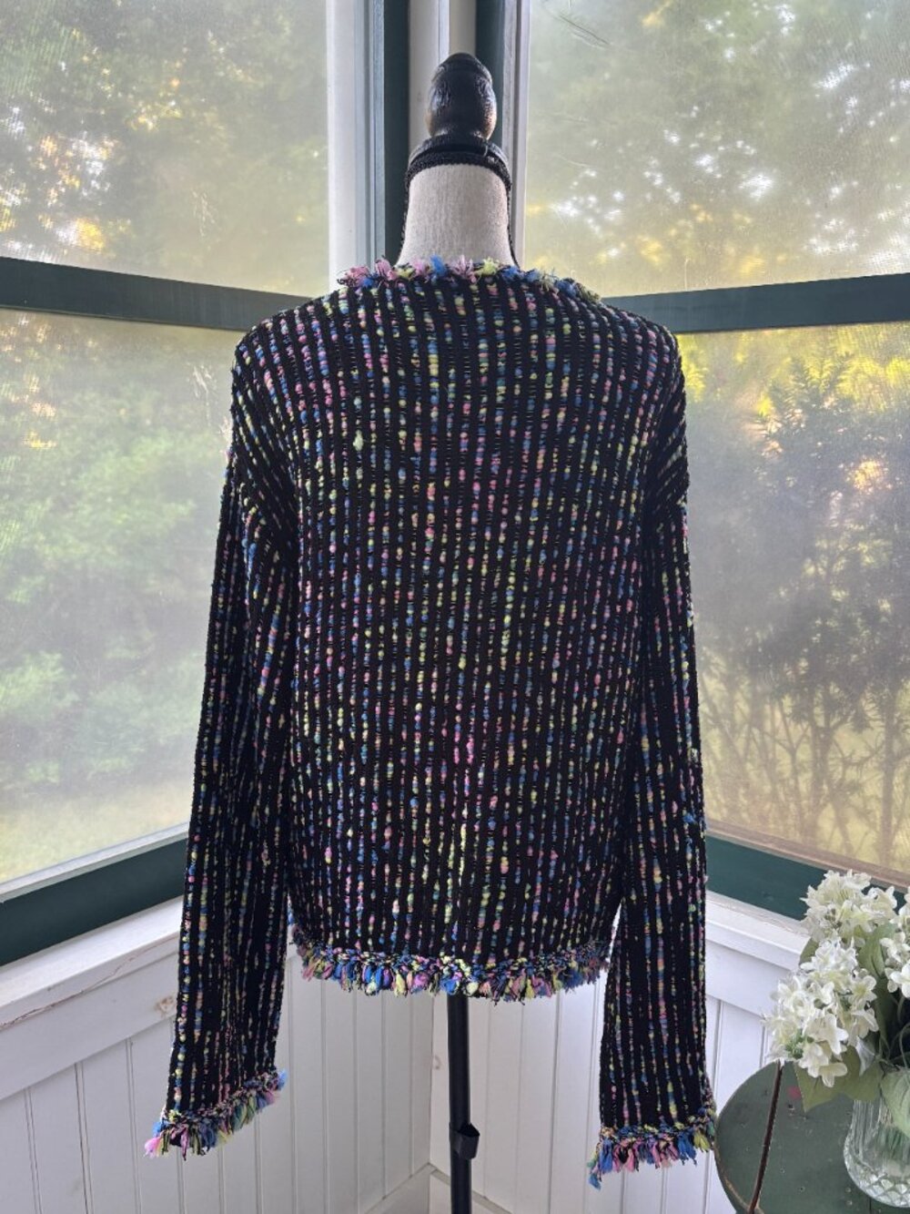 Zara Black Confetti Fringe Open Front Cardigan Large NWT - Picture 4 of 6